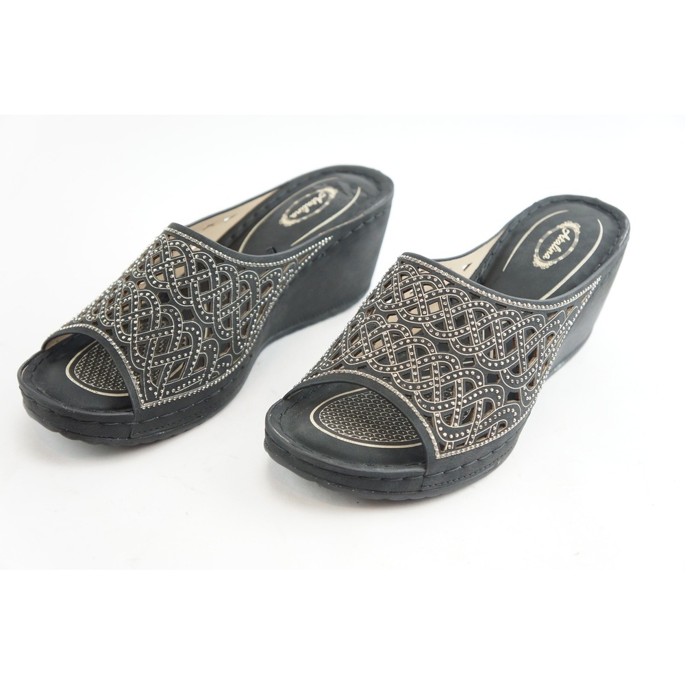 Atalina‎ Wedge Sandals Women Size 10 Black Studded Laser Cut Slip On Excellent